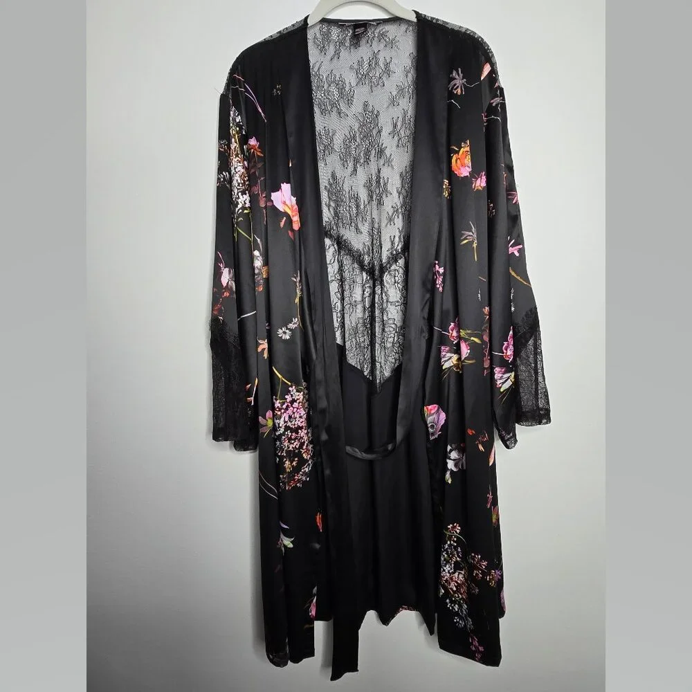 Victorias Secret Womens M/L Floral Satin Robe Kimono Sheer Lace Back with Belt‎